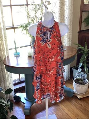 LOFT Coral and Blue Floral Sleeveless Tiered Halter Dress PS